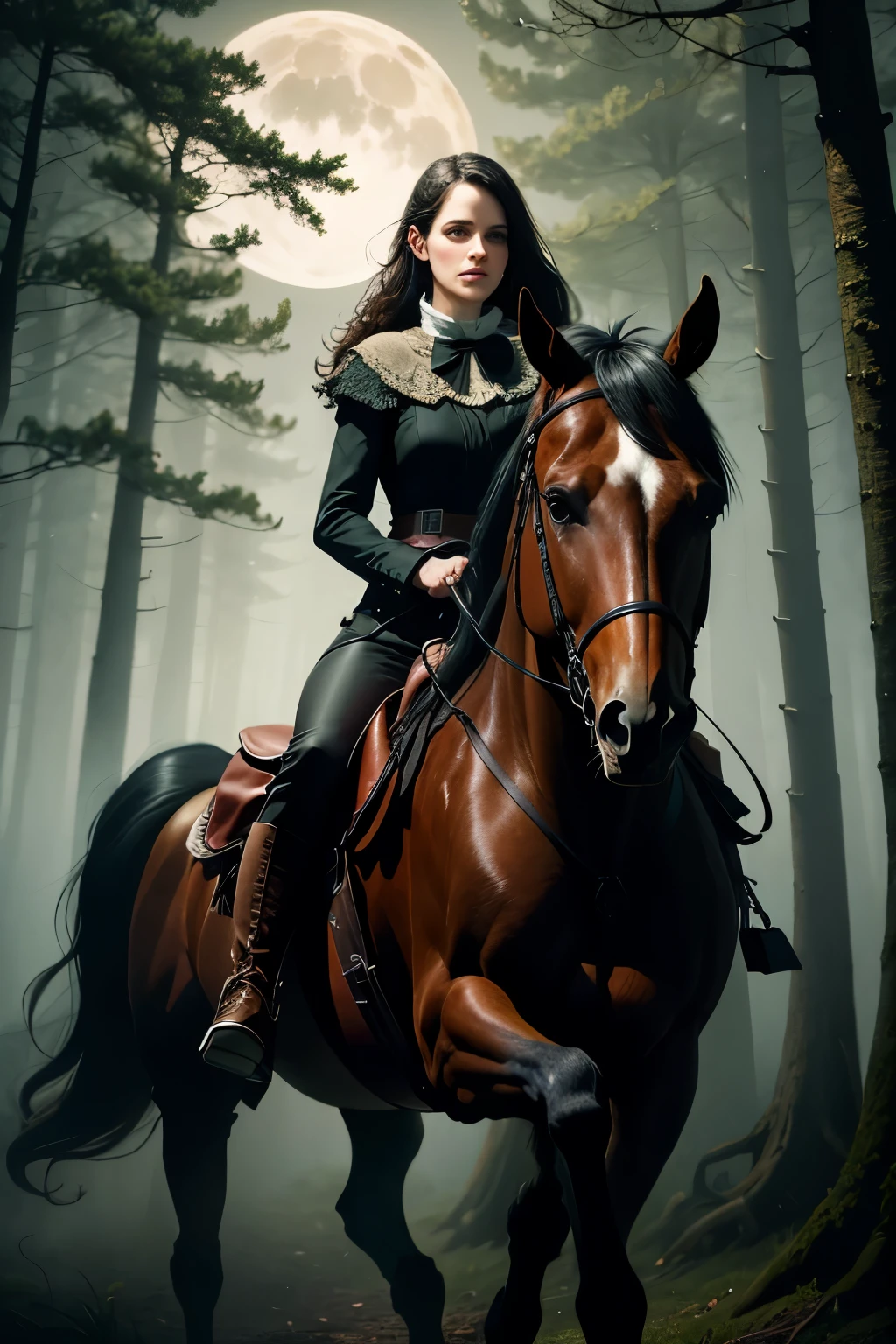 (best quality,highres:1.2),ultra-detailed,realistic,horror,portrait,forest scene,scary girl riding horse,moonlit night,haunting atmosphere,ominous mist and fog,majestic trees,star-filled sky