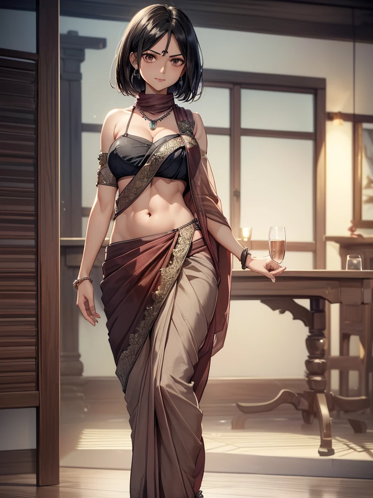 （8k, RAW photos, minino：1.1） ，female，（looki at viewer company），cowboy lens，Japanese，mikasa ackerman / (attack on titan\），（fullbody saree：1.1），La Brett Piercing，cleavage，((( saree)))，seductive smile，Be red on the face, full body photo, standing, lean, muscular legs, muscular belly, short hair, black hair, brown eyes, medium breasts, Professional lighting、photon mapping、physics-based rendering、dark theme，wearing wifs, jewellery and necklace, alone, extreme high quality, legs covering saree, camera focus on the upper body