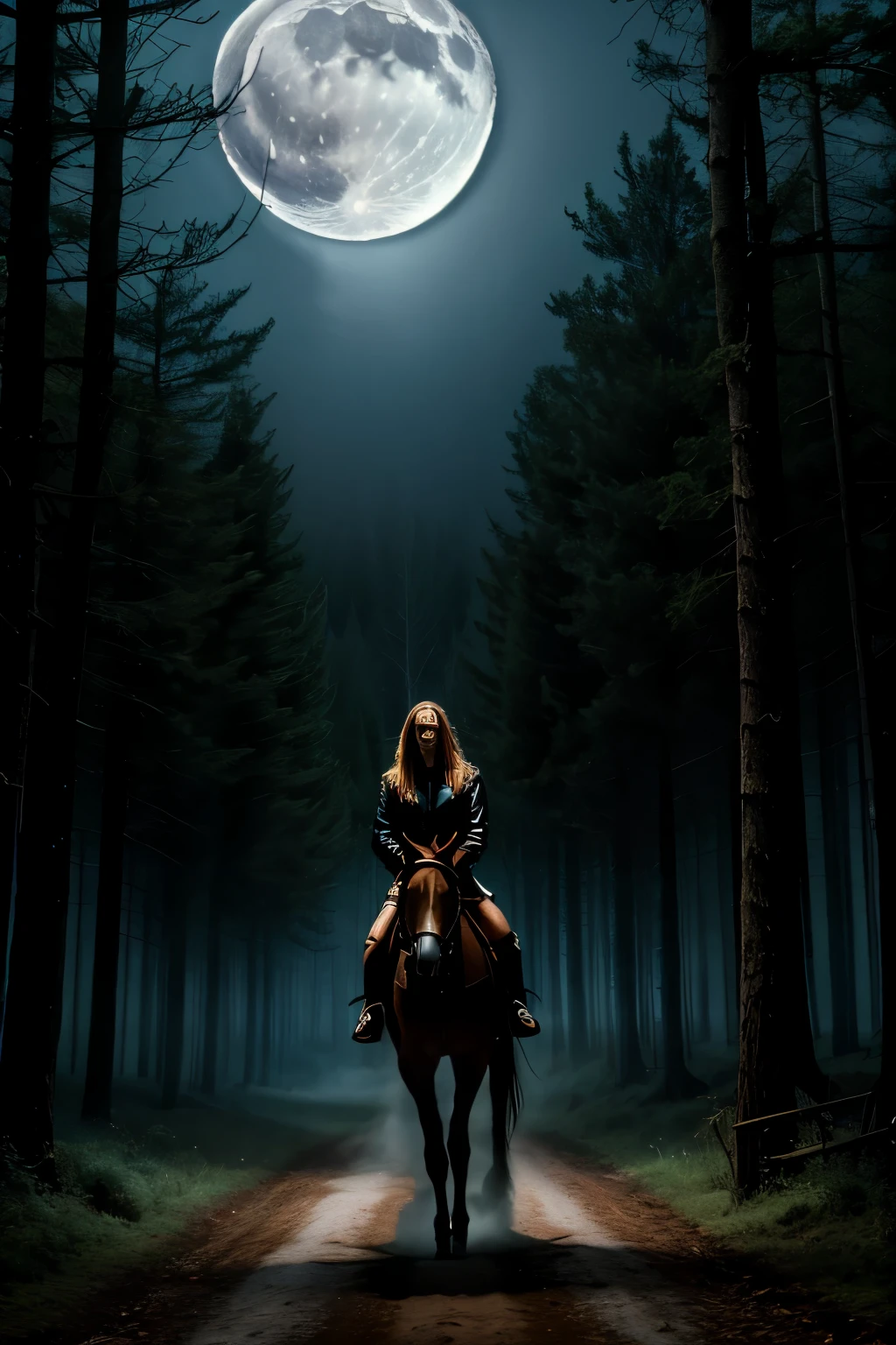 (best quality,highres:1.2),ultra-detailed,realistic,horror,portrait,forest scene,scary girl riding horse,moonlit night,haunting atmosphere,ominous mist and fog,majestic trees,star-filled sky