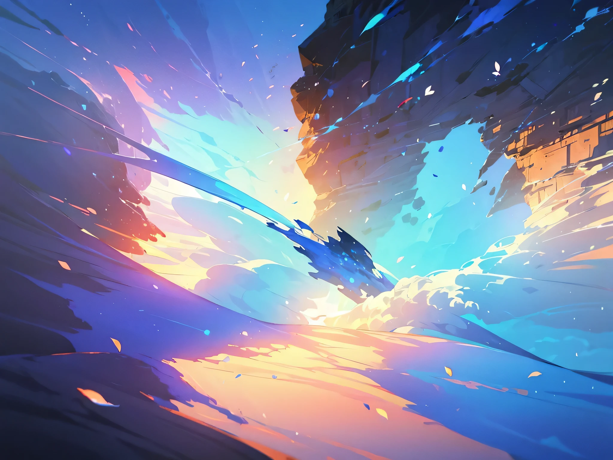 masterpiece, highest quality, (Highly detailed CG Unity 8k wallpaper) (highest quality), (Best illustrations), (Best Shadow) nature&#39, blue sea,delicate leaver.々Light tracking of colorful petals falling into the air, Super detailed 