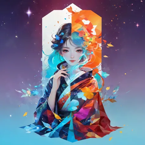  Polygon Art、Quantum entanglement、Double Exposure、 （Polygon Art）、Great background、Minimalism, Color Field Painting, By Alphonse ...