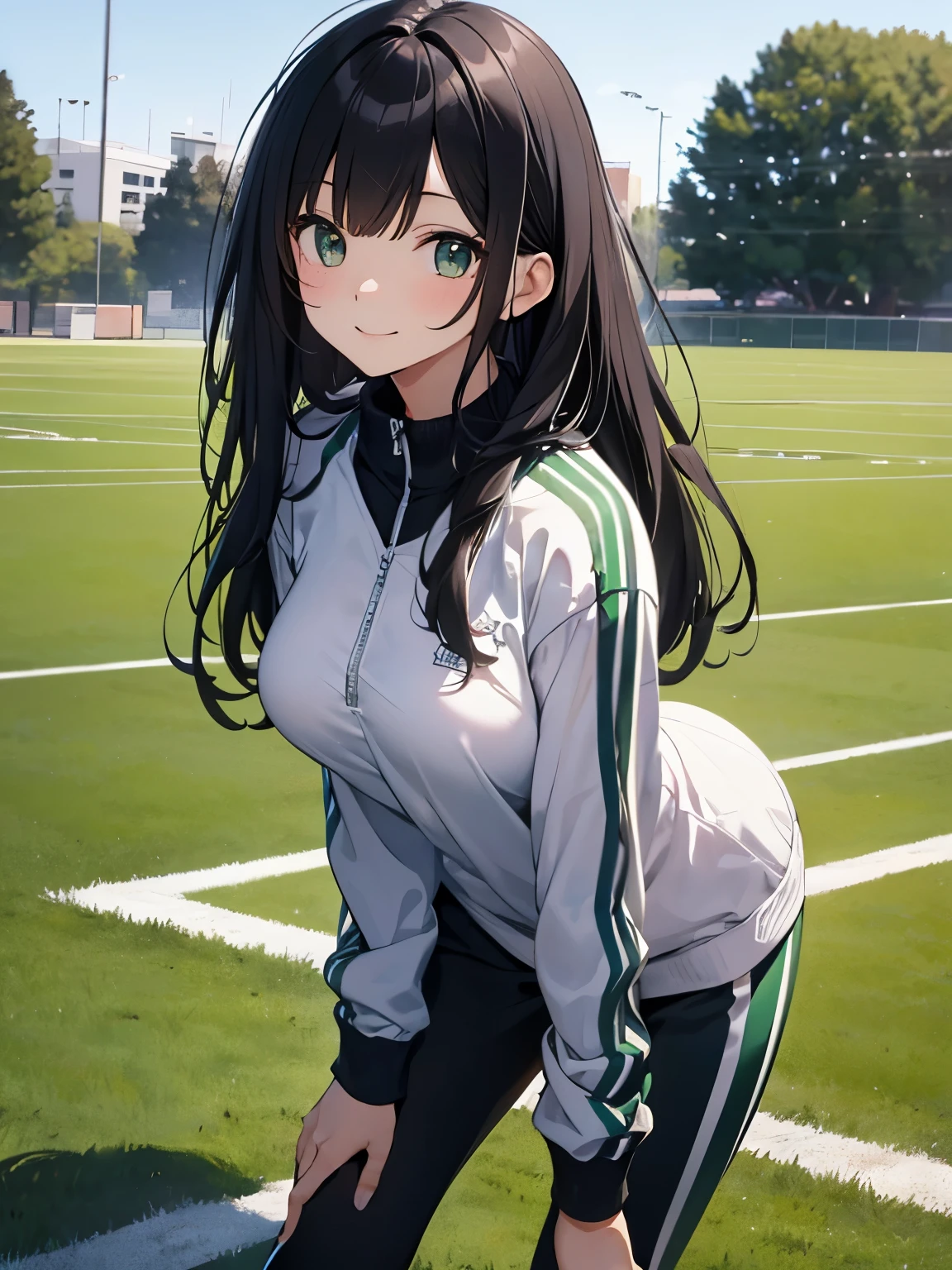 8k, masterpiece, Very detailed, Schoolyard、Black haired high school girl running on the sports field、Green Tracksuit、,Black bloomers、 Sports Field,Outdoor, Black Hair、Medium Long Hair、smile、Beautiful breasts
