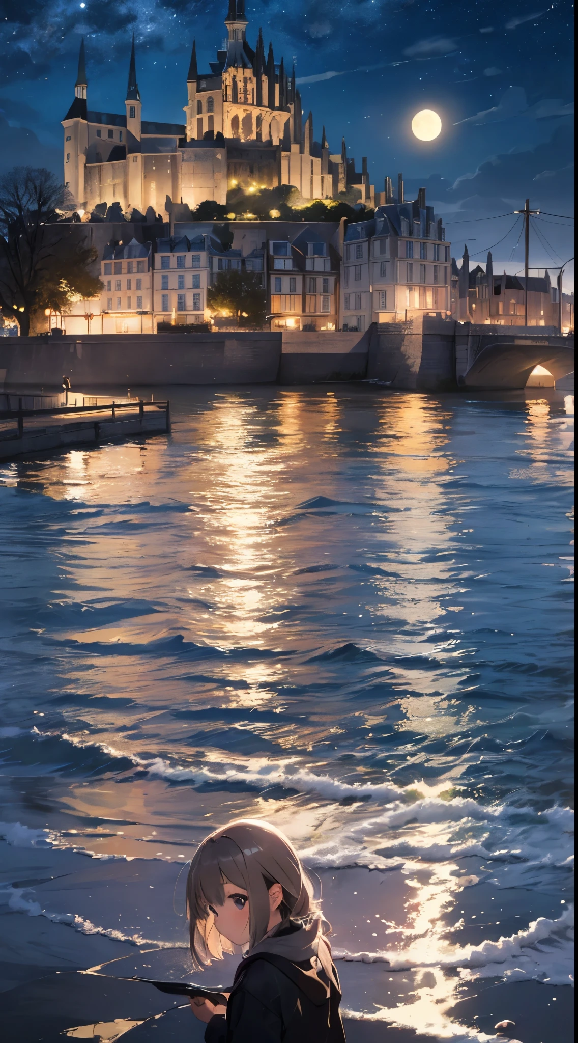 Create a masterpiece image set in Mont Saint-Michel and its bay at night。The scene is enveloped in the soft glow of moonlight、Cast long shadows、Illuminate the ancient architecture of the monastery。This girl is beautiful and adorable。She was exploring the historic site, wide-eyed in surprise。 She wears traditional costume and、The fabric is painted with maximum realism.、Different textures are emphasized。Her skin is also rendered in great detail、Captures subtle changes in texture and color。 The bay around her is calm and、The surface of the water plays the role of a mirror、It reflects the moonlight and the silhouette of Mont Saint-Michel。Delicately depicting the reflection of the water surface、Captures subtle ripples and play of light。 The girl was looking up at the camera curiously.、Gives the impression that the viewer is looking down on her。This sense of perspective is、It can be achieved using the fisheye effect to distort the image to create a wide panoramic or hemispherical view。 The overall quality of the image must be of the highest standard、Emphasis on enhancing the quality of details。The final artwork is、With the innocence of the girl、Mont Saint-Michel and its timeless beauty at night will be a celebration of the bay。