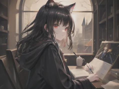 1girl long black hair with bangs and cat ears and red eyes in magic castle with blinking stars，Harry Potter y Van Gogh&#39;the d...