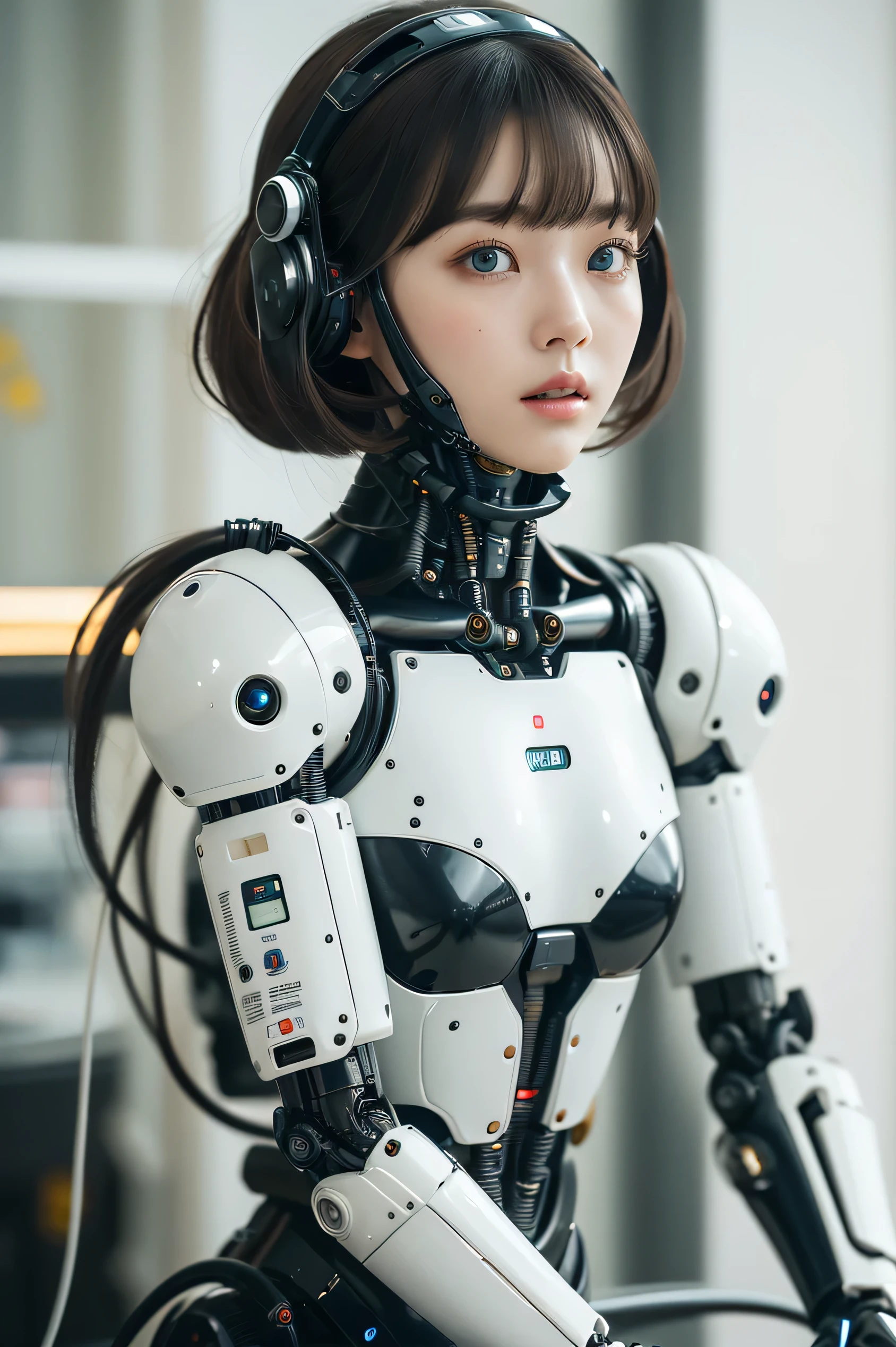 masterpiece, best quality, extremely detailed, portrait,Japaese android girl,Plump,a bit chubby,control panels,android,Droid,Mechanical Hand, ,Robot arms and legs, Black hair,Mechanical body,Blunt bangs,White Robotics Parts,perfect robot woman,Charging spot,Long Tube,A thick cable was connected to her neck,perfect mechanical body,white robotics body,future assembly plant,white body,She has repaired,black sponge joints,android assembly plant,android,laboratory,perfect machine body,white robot body,blue eyes