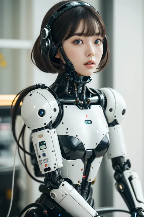 masterpiece, best quality, extremely detailed, portrait,Japaese android girl,Plump,a bit chubby,control panels,android,Droid,Mec...