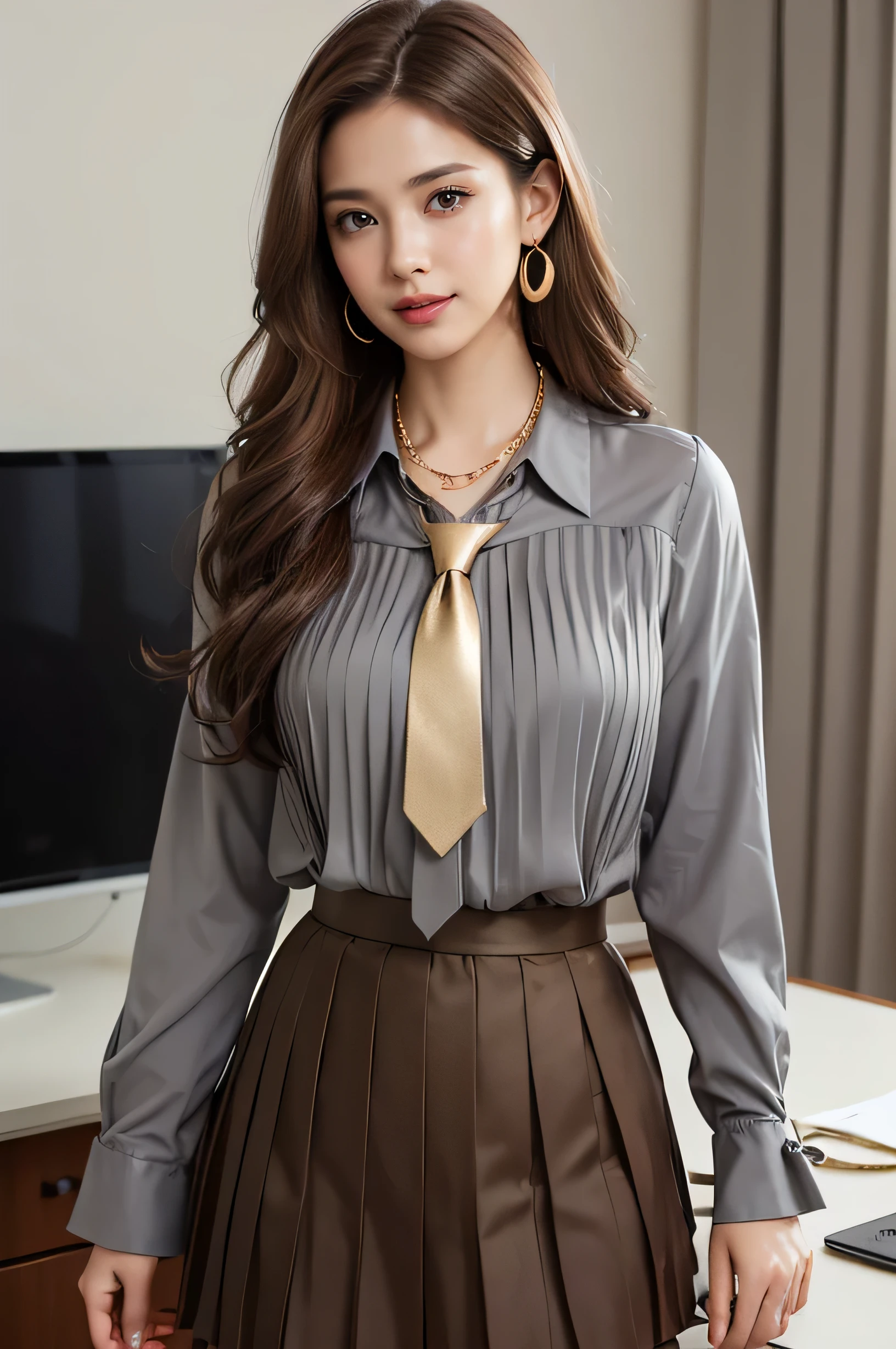 highest quality, masterpiece, 8k, Ultra-high resolution, (Realistic: 1.4), 1 girl, Beautiful Face, Symmetrical eyes, big, Perfect Body Proportions, ((((Extra long brown hair:1.2)))),((Loosely inward wavy hair:1.2)),((Gold Necklace＿Large earrings:1.2)), secretary、The viewer&#39;s gaze, (president&#39;office、blurred background), Front view, Absolute area (1.3),A kind smile、Seems kind、Cowboy Shot、((collared blouse、dark grey pleated skirt with tie:1.3))