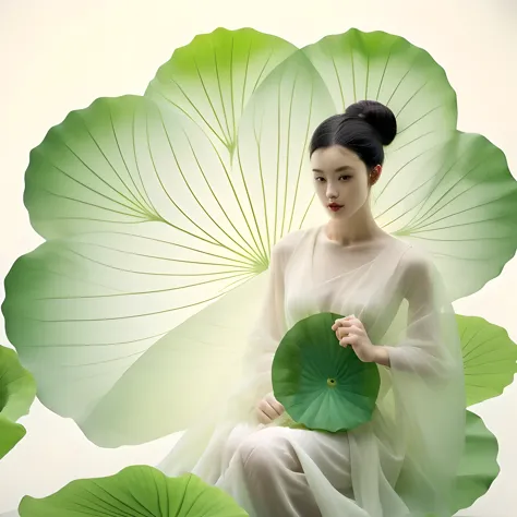 a girl，solo，giant lotus leaf，black hair，dress，looking at the audience，white skirt，hair bun，
sitting，单hair bun，leaves，long sleeve...