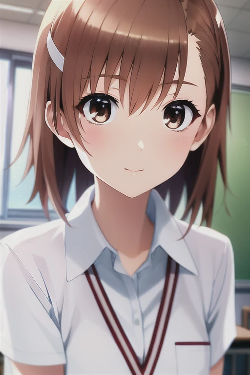 masterpiece, best quality, misaka_mikoto, brown eyes, short_hair, small_breast, looking at viewer, solo, closed_mouth, collared_shirt, school_uniform, shirt, white_shirt, classroom