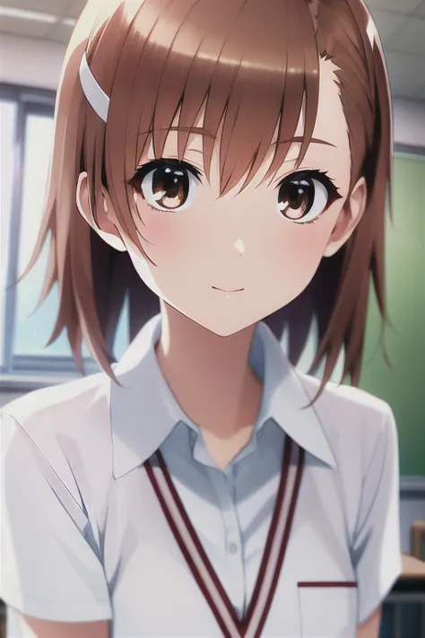 masterpiece, best quality, misaka_mikoto, brown eyes, short_hair, small_breast, looking at viewer, solo, closed_mouth, collared_...