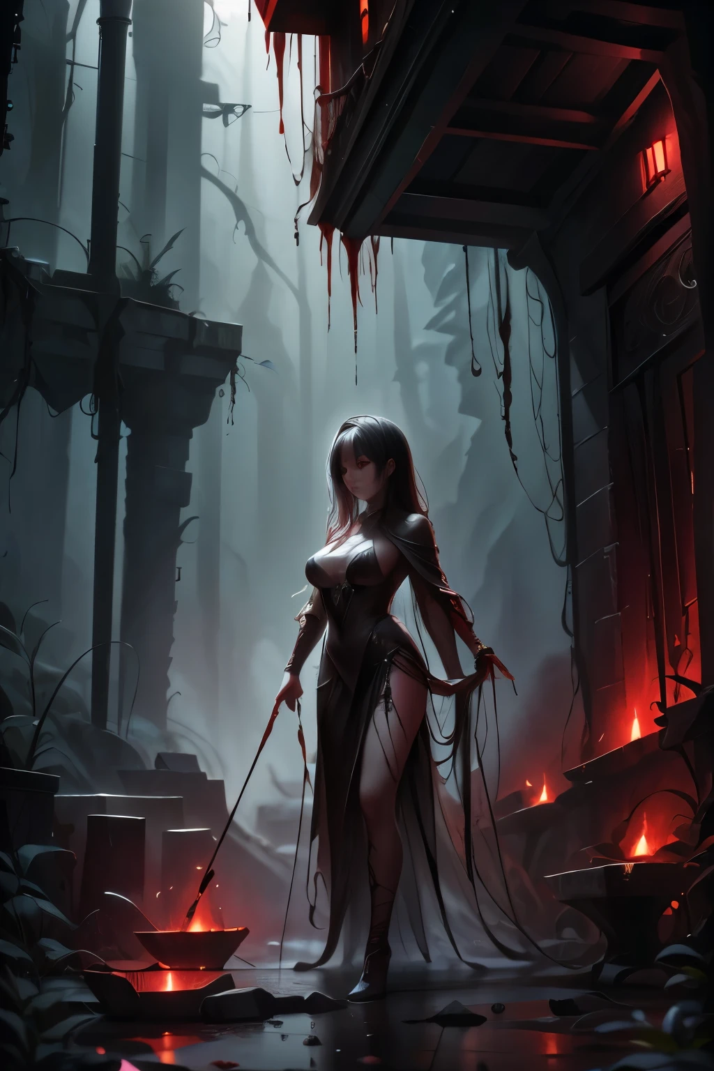 最high quality, high quality, Highly detailed 8K wallpapers、Gloomy atmosphere、Dark fantasy、Ruins filled with rotting organs、Ground infested with carnivorous plants、A walking adventurer who is dying、（woman covered in blood、Black Cape、Black Bondage、bandage、）