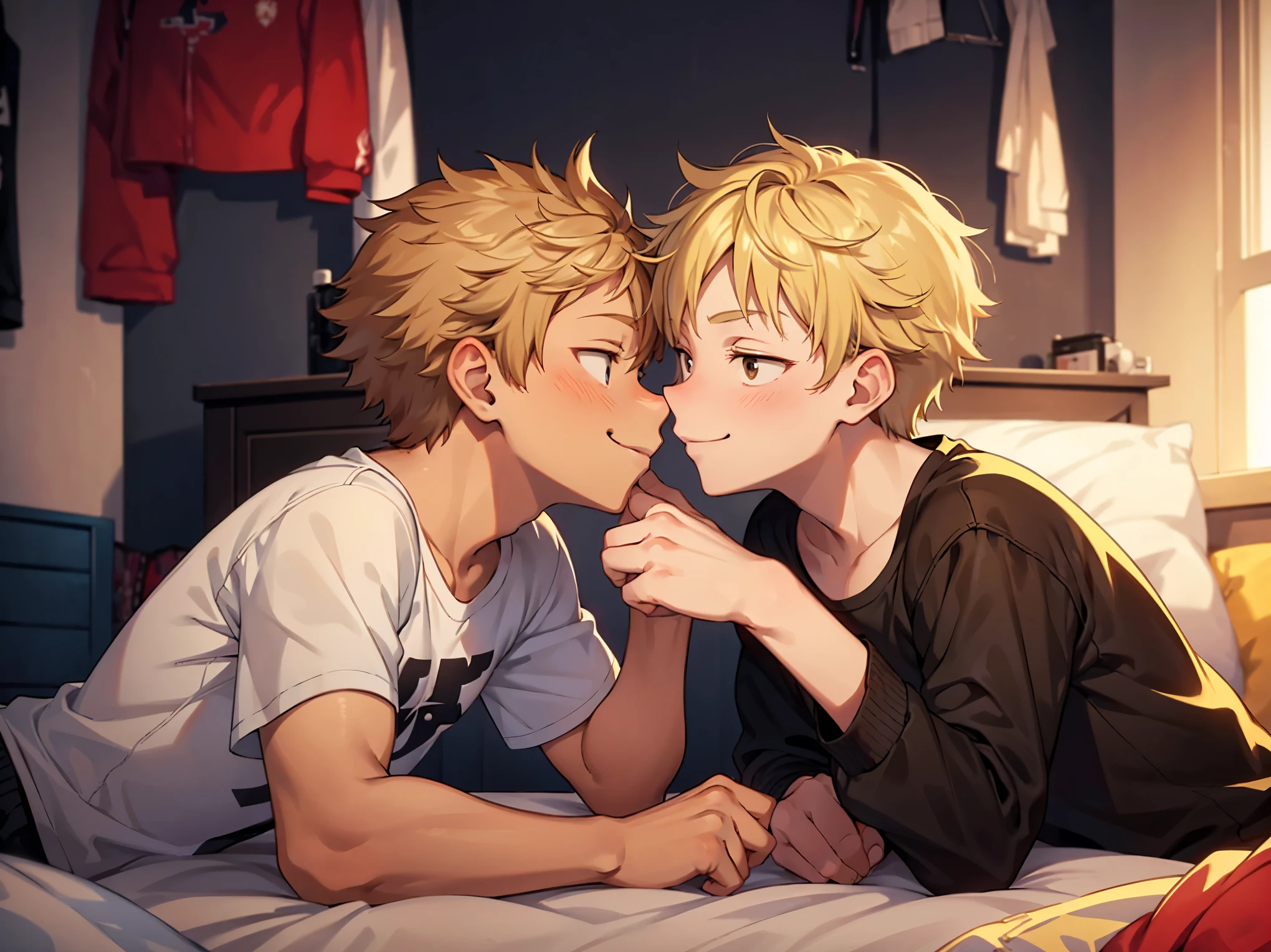 2 boy,blonde and brown hair,16 years old,face to face,kiss,(happy smile),casual attire,messy room,(black eyes,detailed eyes),perfect hands,perfect arms,perfect fingers,(masterpiece,best quality:1.4),Top Quality,High quality,Ultra detailed,insanely detailed,beautiful,anime style