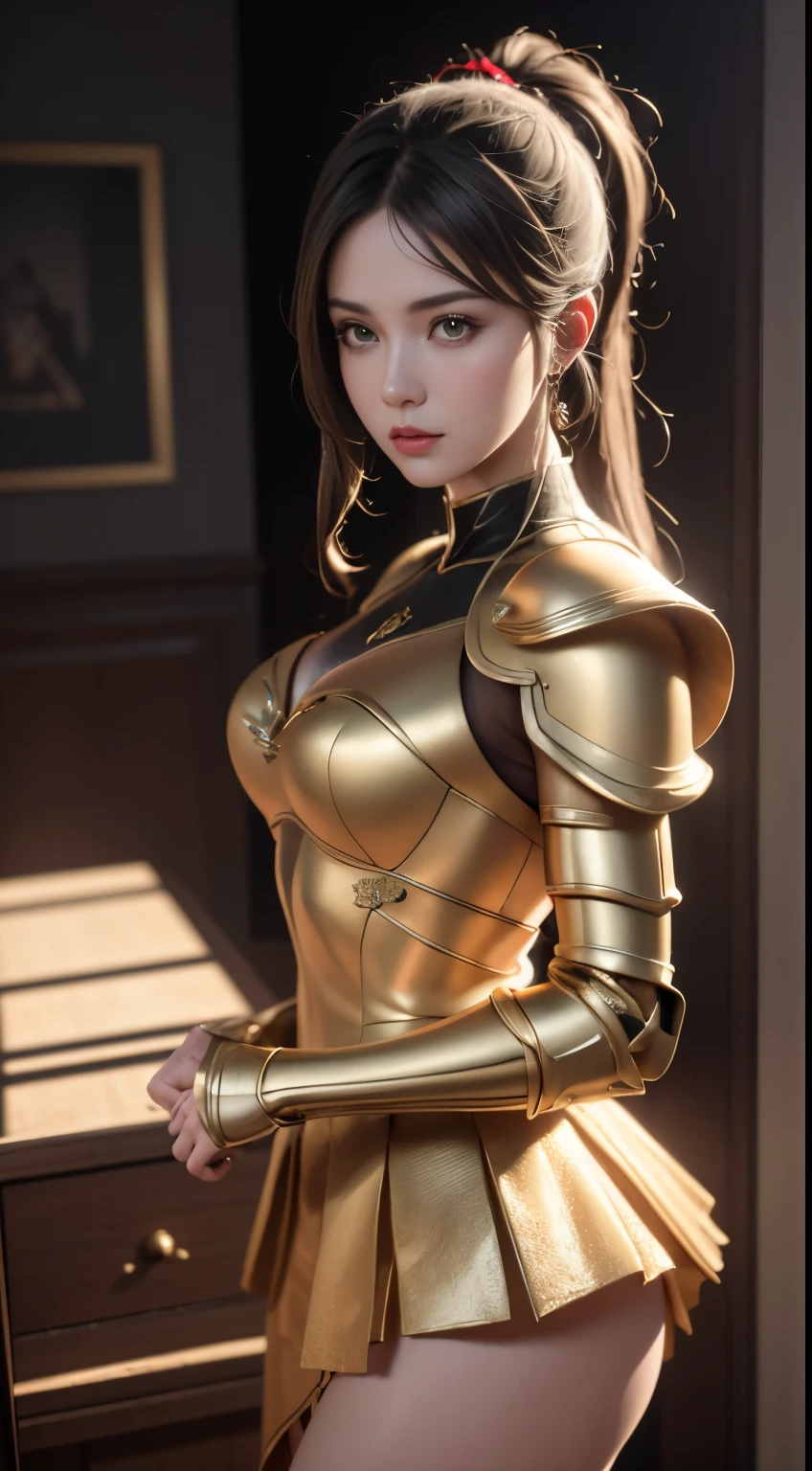 ((best quality)), ((masterpiece)), (detailed:1.4), 3D, Image of a beautiful Chinese fairy,Gold armor dress，HDR (High Dynamic Range),Ray Tracing,NVIDIA RTX,Super Resolution,Unreal 5,Subsurface scattering,PBR Textures,Post-Processing,Anisotropic filtering,Depth of Field,Maximum clarity and sharpness,Multi-layered textures,Albedo and Specular Maps,Surface Shading,Accurately simulate the interaction of light with materials,Perfect proportion,Octane Rendering,Two-color lighting,Large aperture,Low ISO,White Balance,Rule of Thirds,8K Native,