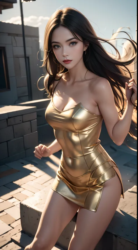 ((best quality)), ((masterpiece)), (detailed:1.4), 3D, Image of a beautiful Chinese fairy,Gold armor dress，Long black hair flutt...