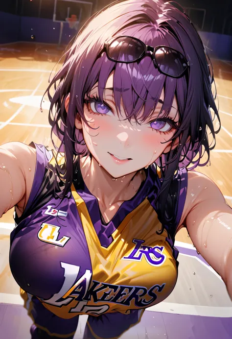 (best quality,ultra-detailed), portraits, (lakers yellow basketball sleeveless uniform:1.4), wet with sweat,basketball court, (See-through:0.9), (full body:1.4), Kafka play basketball in the sports court, 1 girl, solo, best quality, look at viewer