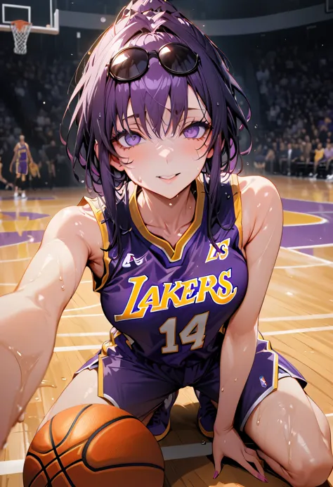 (best quality,ultra-detailed), portraits, (lakers yellow basketball sleeveless uniform:1.4), wet with sweat,basketball court, (See-through:0.9), (full body:1.7), Kafka play basketball in the sports court, 1 girl, solo, best quality, look at viewer