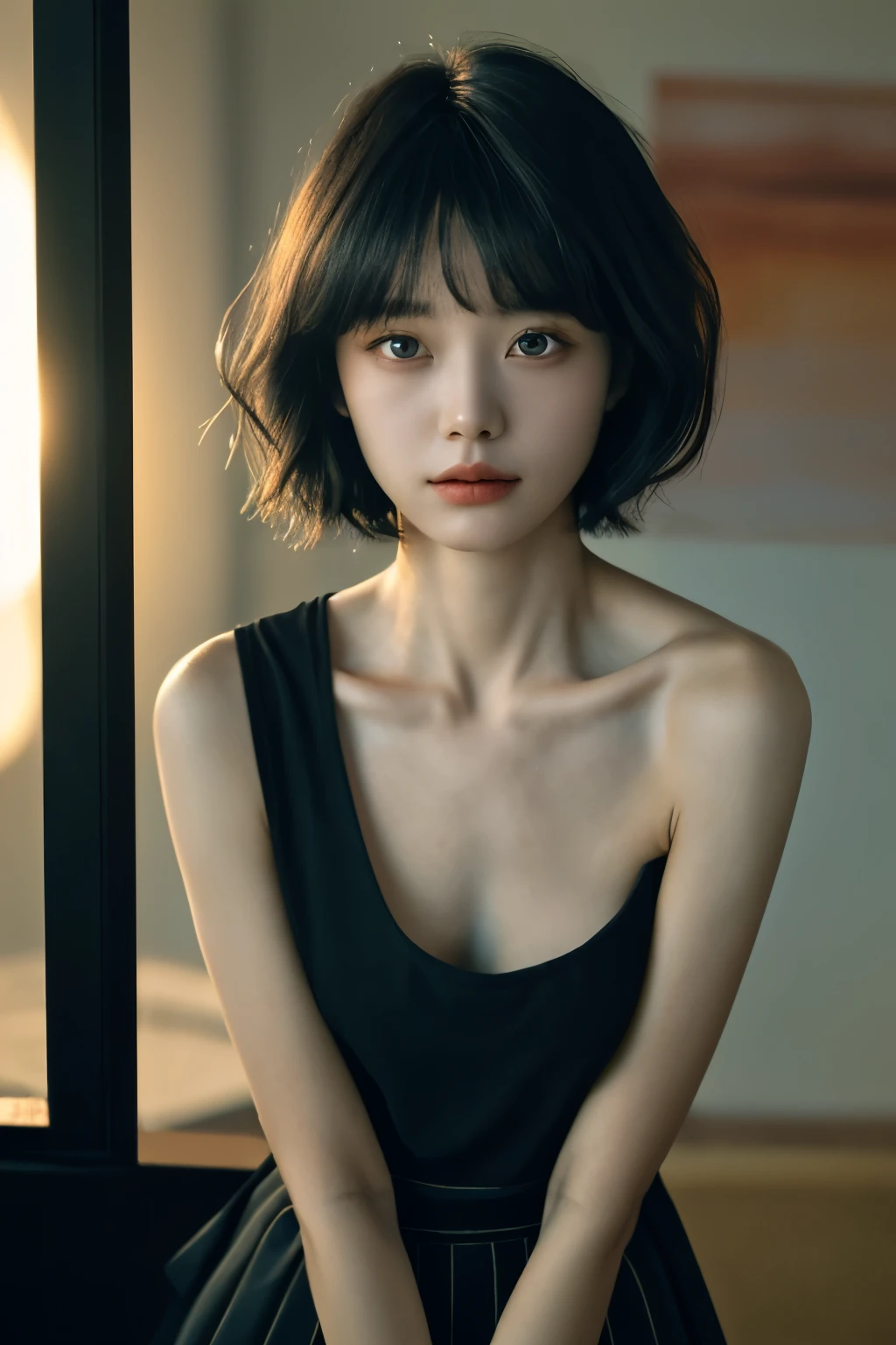 ((best quality，masterpiece:1.3))，sharp:1.2，Perfect body beauty:1.4，((Layered Hairstyle))、(Black long skirt:1.1)，(darkroom:1.2)，Highly detailed face and skin texture，Delicateeyes，(clavicle:1.3)，Double eyelids，((short hair))，childish，Beach at sunset，Break，close up，Shoot upward at 45 degrees，
