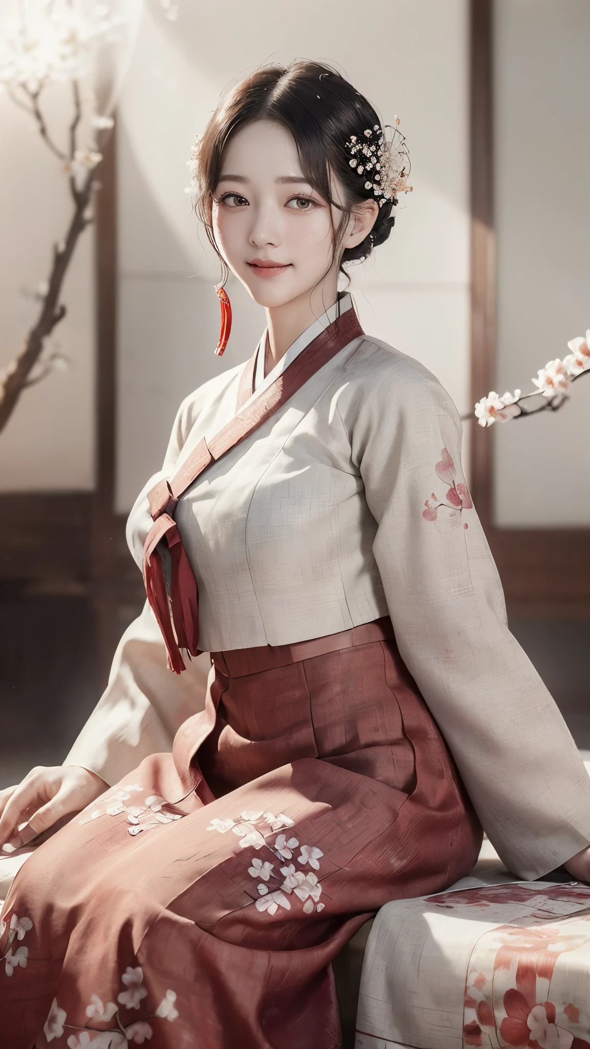 (best quality, 8K, masterpiece: 1.3), ((((((Incredibly huge breasts: 0.8))))), hairpin, (beautiful face:1.3), plum blossom ink painting background,authentic hanbok, Red skirt, 1920s photo studio, (Feels like a faded photo: 1.4), old photos, smile