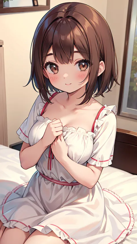 beautiful breasts, brown hair, brown eyes, wave shorthair, bangs, blush,  bright, smile, white ruffle dress, bed,