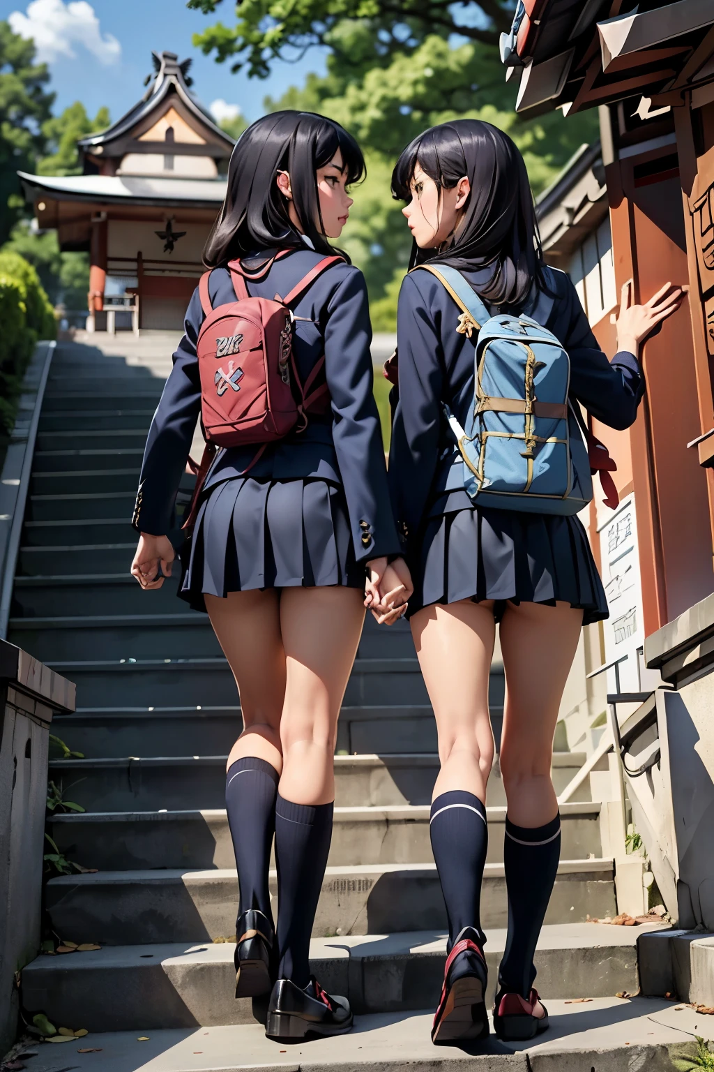 ((highest quality)), ((masterpiece)), (be familiar with), (High definition), 8K, Best Shadow, The best natural lighting, Cinematic, Two high school girls walking up the stairs、(2 kisses)、Navy blazer、Checkered Skirt、(navy blue socks)、(School bag), ((Back view))、covert photography、((Backward low angle))、navy blue socksのクローズアップ、Manga panel layout、Manga style、Manga Design、(Shrine stairs:1.4)、8 a.m.