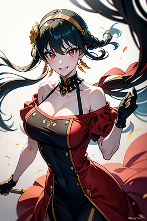 yor briar, anime style beutiful woman, 1girl, happy, smile, with sparkling eyes and a contagious smile:1.1),looking at viewer,red face, closed mouth, beautiful detailed eyes, super detailed skin, backlighting, bare shoulders, black background, black dress, black gloves, black hair, breasts, dress, earrings, fingerless gloves, floating hair, floral print, flower, gloves, gold earrings, gold hairband, hair flower, hair ornament, hairband, holding, holding weapon, jewelry, large breasts, long hair, looking at viewer, off-shoulder dress, off shoulder,red eyes, short hair with long locks, sidelocks, solo, spikes, thighs, two-sided dress, two-sided fabric, weapon, fighting stance , face, close up, from above, highest quality, high resolution.masterpiece, royal background,