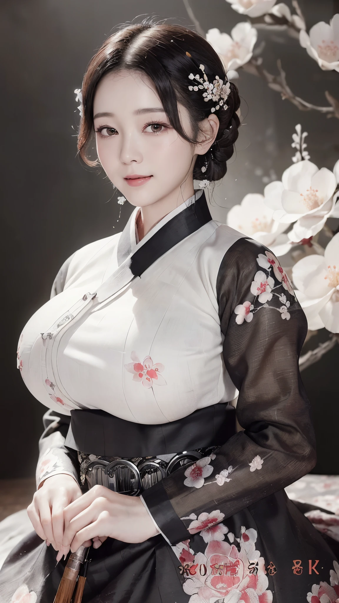 (best quality, 8K, masterpiece: 1.3), ((((((Incredibly huge breasts: 1.0))))), hairpin, (beautiful face:1.3), plum blossom ink painting background,authentic hanbok, 1920s photo studio, (Feels like a faded photo: 1.4), old photos, smile, black and white photography