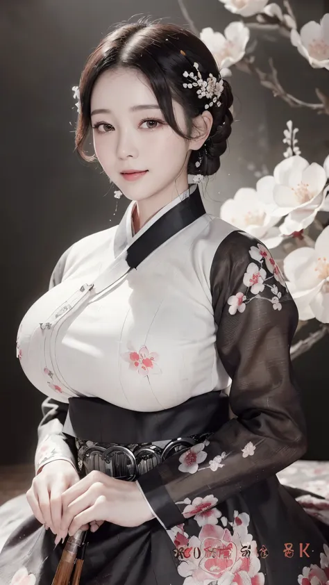 (best quality, 8K, masterpiece: 1.3), ((((((Incredibly huge breasts: 1.0))))), hairpin, (beautiful face:1.3), plum blossom ink p...