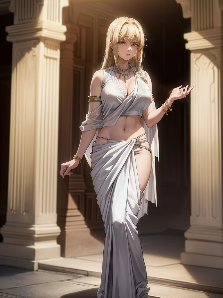 （8k, RAW photos, minino：1.1） ，female，（looki at viewer company），cowboy lens，Japanese，ymir fritz / (attack on titan\），（fullbody saree：1.1），La Brett Piercing，cleavage，(((white saree)))，seductive smile，Be red on the face, full body photo, standing, lean, muscular legs, muscular belly, sleeveless blouse, long hair, blonde hair, eyes, medium breasts, bangs, Professional lighting、photon mapping、physics-based rendering、dark theme，wearing wifs, jewellery and necklace, alone, extreme high quality, legs covering saree