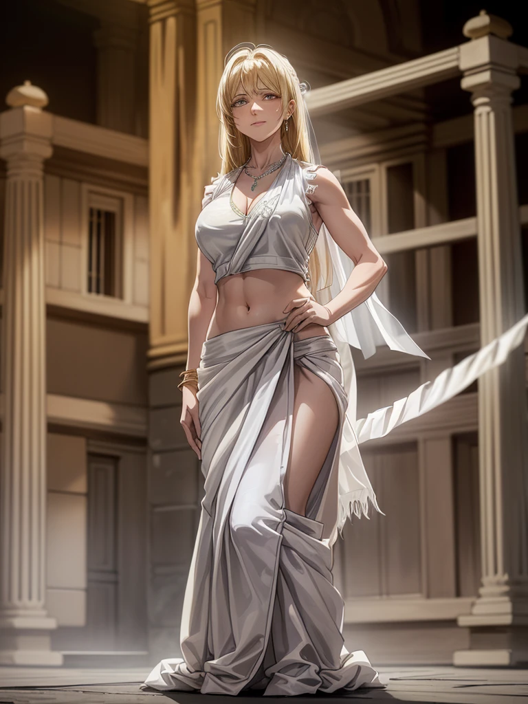 （8k, RAW photos, minino：1.1） ，female，（looki at viewer company），cowboy lens，Japanese，ymir fritz / (attack on titan\），（fullbody saree：1.1），La Brett Piercing，cleavage，(((white saree)))，seductive smile，Be red on the face, full body photo, standing, lean, muscular legs, muscular belly, sleeveless blouse, long hair, blonde hair, eyes, medium breasts, bangs, Professional lighting、photon mapping、physics-based rendering、dark theme，wearing wifs, jewellery and necklace, alone, extreme high quality, legs covering saree