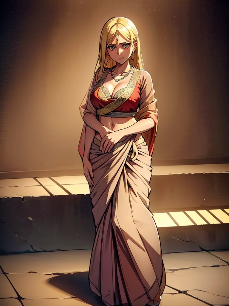 （8k, RAW photos, minino：1.1） ，female，（looki at viewer company），cowboy lens，Japanese，historia reiss / (attack on titan\），（fullbody saree：1.1），La Brett Piercing，cleavage，((( saree)))，seductive smile，Be red on the face, full body photo, standing, lean, muscular legs, muscular belly, blouse, long hair, blonde hair, eyes, medium breasts,Professional lighting、photon mapping、physics-based rendering、dark theme，wearing wifs, jewellery and necklace, alone, extreme high quality, legs covering saree