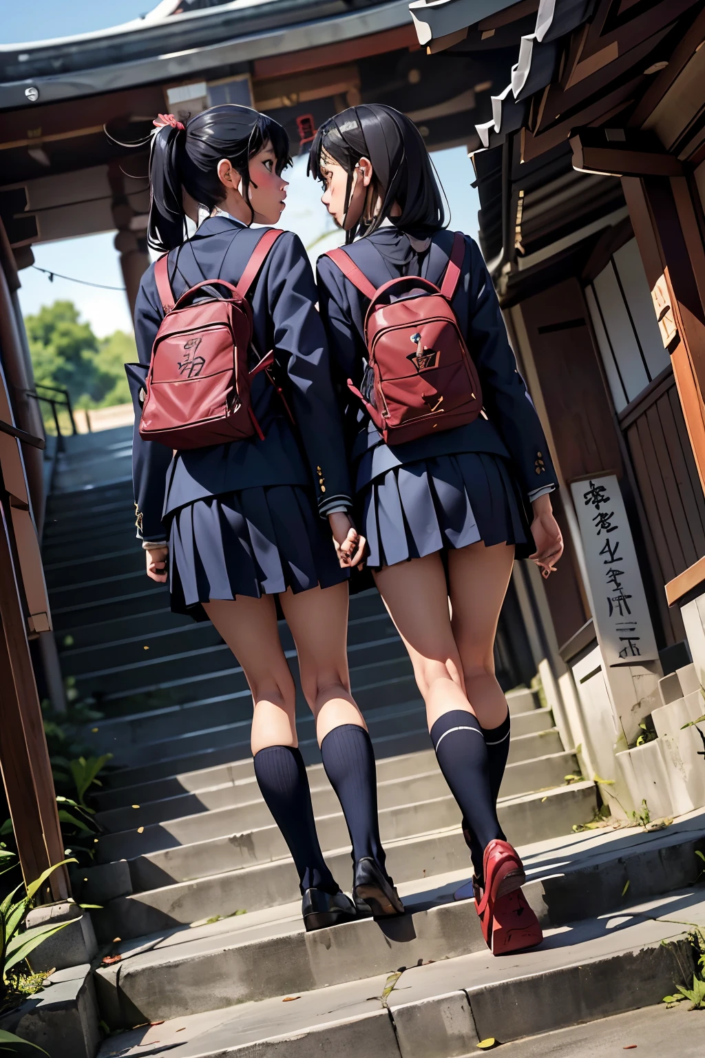 ((highest quality)), ((masterpiece)), (be familiar with), (High definition), 8K, Best Shadow, The best natural lighting, Cinematic, Two high school girls walking up the stairs、(2 kisses)、Navy blazer、Checkered Skirt、(navy blue socks)、((School bag)), ((Back view))、covert photography、((Backward low angle))、navy blue socksのクローズアップ、Manga panel layout、Manga style、Manga Design、(Shrine stairs:1.4)、8 a.m.