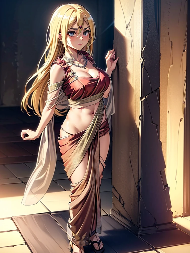 （8k, RAW photos, minino：1.1） ，female，（looki at viewer company），cowboy lens，Japanese，historia reiss / (attack on titan\），（fullbody saree：1.1），La Brett Piercing，cleavage，((( saree)))，seductive smile，Be red on the face, full body photo, standing, lean, muscular legs, muscular belly, blouse, long hair, blonde hair, eyes, medium breasts,Professional lighting、photon mapping、physics-based rendering、dark theme，wearing wifs, jewellery and necklace, alone, extreme high quality, legs covering saree