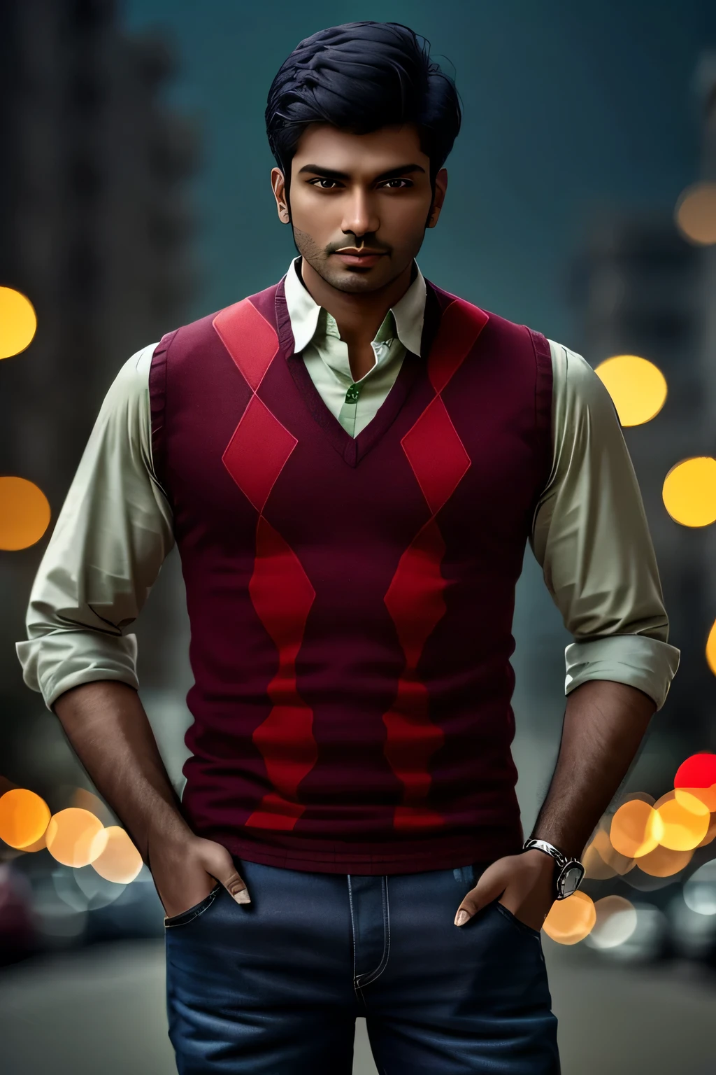 photo of an Indian man, wearing a red argyle vest, green collared shirt, and black jeans,  bokeh, outdoor background, masterpiece, high quality, photorealistic, fashion