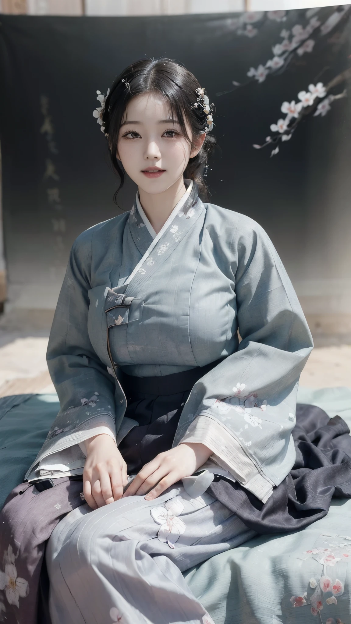 (best quality, 8K, masterpiece: 1.3), ((((((Incredibly huge breasts: 0.8))))), hairpin, (beautiful face:1.3), plum blossom ink painting background,authentic hanbok, 1920s photo studio, (Feels like a faded photo: 1.4), old photos, smile, black and white photography, 1920s Hanbok style and hairstyle, retro style