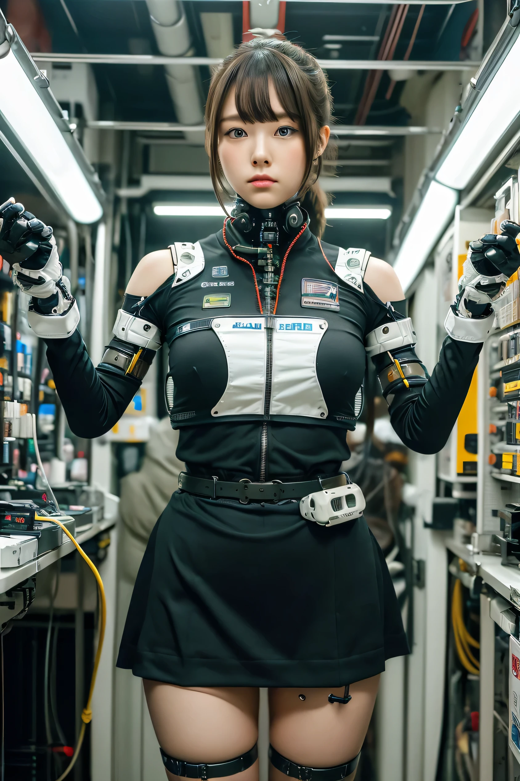 masterpiece, best quality, extremely detailed, Japaese android girl,portrait,Plump,a bit chubby,control panels,android,Droid,Mechanical Hand, Robot arms and legs,Blunt bangs,perfect robot girl,long tube,thick cable connected her neck,android,robot,humanoid,cyborg,future laboratory,robot laboratory,maintenance,connecting a cable between the legs,skirt, She is charging now,blue eyes,