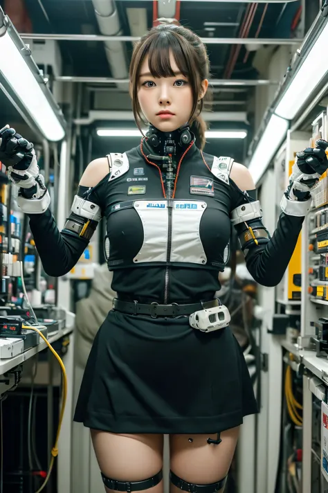 masterpiece, best quality, extremely detailed, japaese android girl,portrait,plump,a bit chubby,control panels,android,droid,mec...