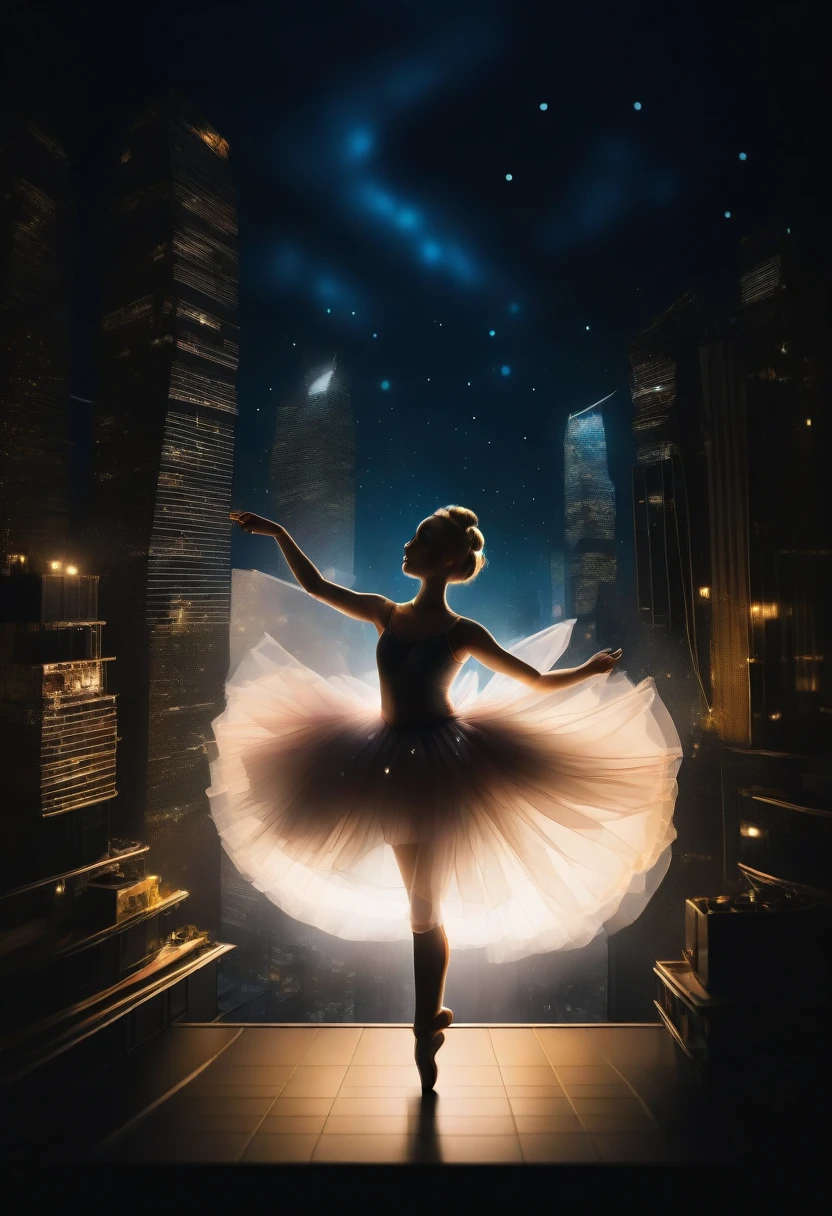 #quality(8k,wallpaper of extremely detailed CG unit, ​masterpiece,hight resolution,top-quality,top-quality real texture skin,hyper realisitic,increase the resolution,RAW photos,best qualtiy,highly detailed,the wallpaper,cinematic,golden ratio), BREAK ,solo,(a girl is dancing a ballet at the very edge of the rooftop of the most highest skyscraper:2.0),solo,#1girl(chibi,cute,kawaii,blonde hair,ballet bun hair,hair floating,hair messy,white tutu dress,ballet shoes,ballet dancer,full body, from above2:0),#background(dark,at midnight,city lights,from above),long shot,wide shot,(from above:2.0),(from above:2.0),vivid color,aerial view