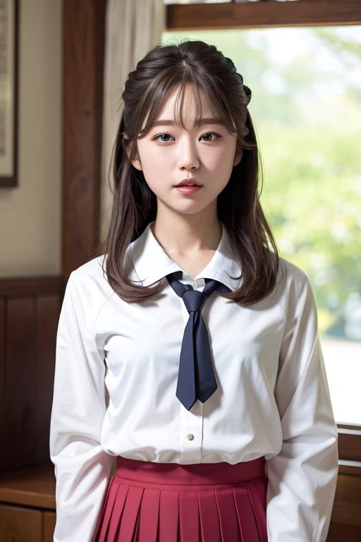 close, masterpiece, highest quality, RAW Photos, Photorealistic, Laughter, beautiful girl, cute, Hair length, Written boundary depth, High resolution, 超detailedな, detailed, extremely detailedd eye and face, Sharp pupils, Realistic student, Sharp focus, Cinema Lighting、, serafuku, Pleated skirt, Sailor collar, White shirt,、Upper Body、