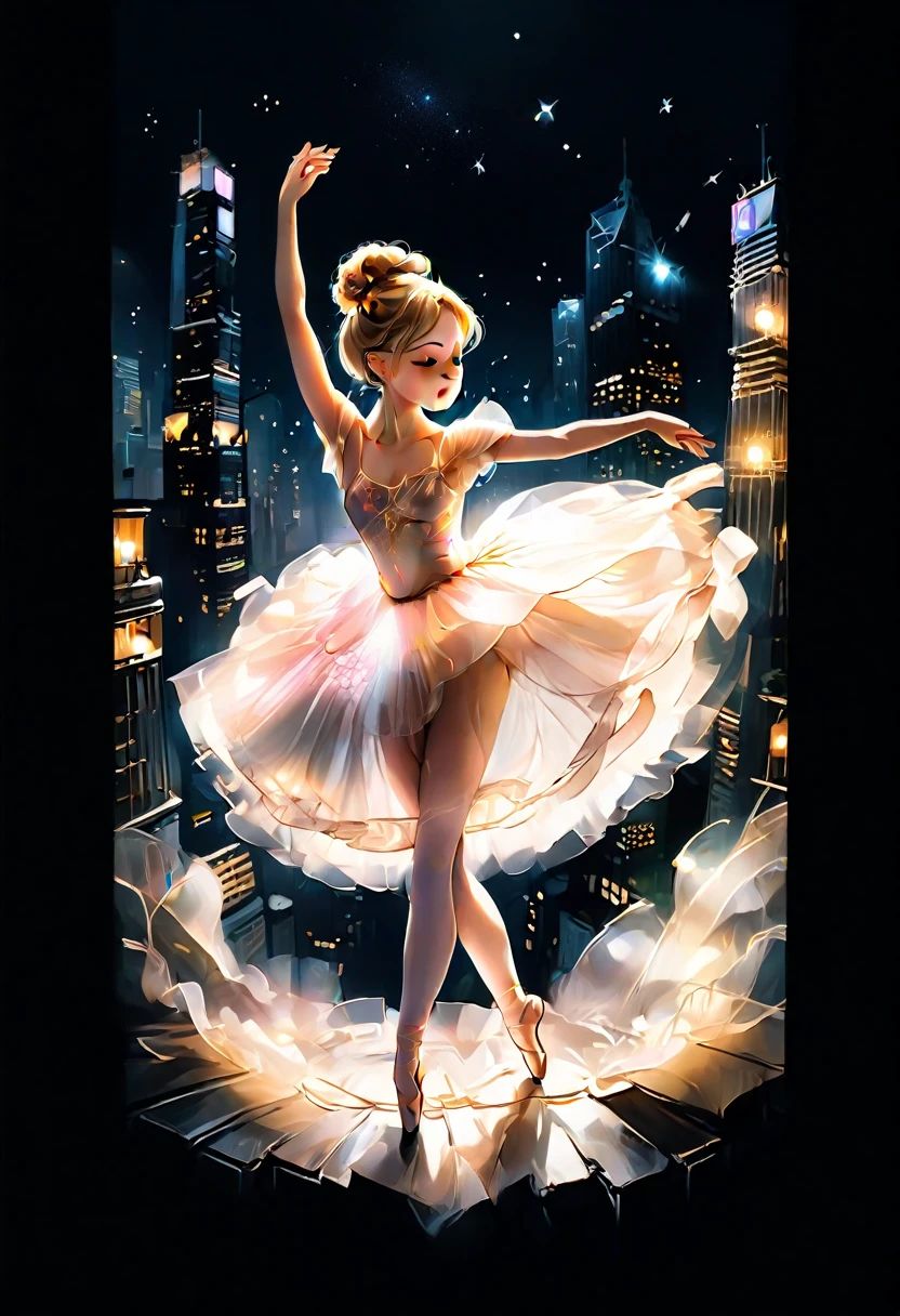 #quality(8k,wallpaper of extremely detailed CG unit, ​masterpiece,hight resolution,top-quality,top-quality real texture skin,hyper realisitic,increase the resolution,RAW photos,best qualtiy,highly detailed,the wallpaper,cinematic,golden ratio), BREAK ,solo,(a girl is dancing a ballet at the very edge of the rooftop of the skyscraper),solo,#1girl(chibi,cute,kawaii,teenage girl,blonde hair,ballet bun hair,hair floating,hair messy,white tutu dress,ballet shoes,ballet dancer,breast,full body, from above),#background(dark,at midnight,beautiful city lights,from above),long shot,wide shot,(from above:2.0),vivid color,aerial view