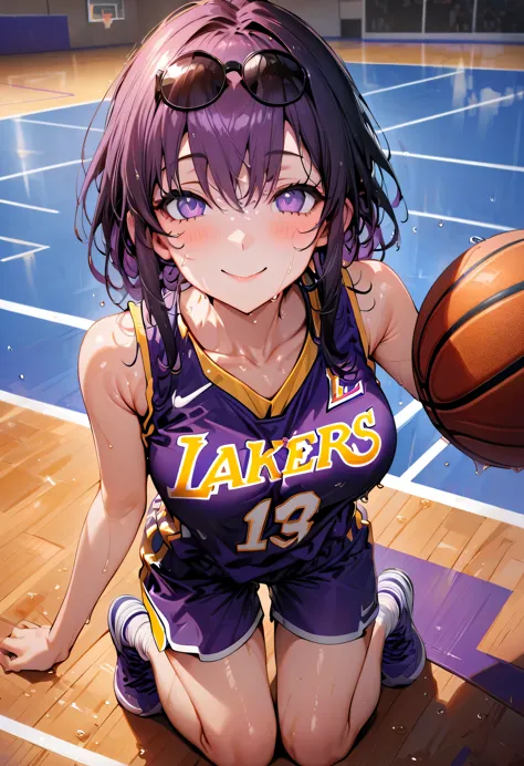 (best quality,ultra-detailed), portraits, (lakers yellow basketball sleeveless uniform:1.2), wet with sweat,basketball court, (See-through:0.9), (full body:1.2), Kafka play basketball in the sports court, 1 girl, solo, best quality, look at viewer,stay on ...