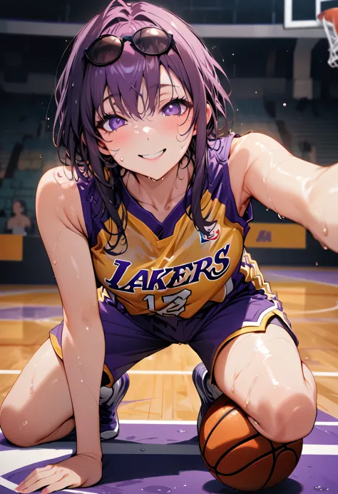 (best quality,ultra-detailed), portraits, (lakers yellow basketball sleeveless uniform:1.2), wet with sweat,basketball court, (See-through:0.9), (full body:1.2), Kafka play basketball in the sports court, 1 girl, solo, best quality, look at viewer,stay on ...