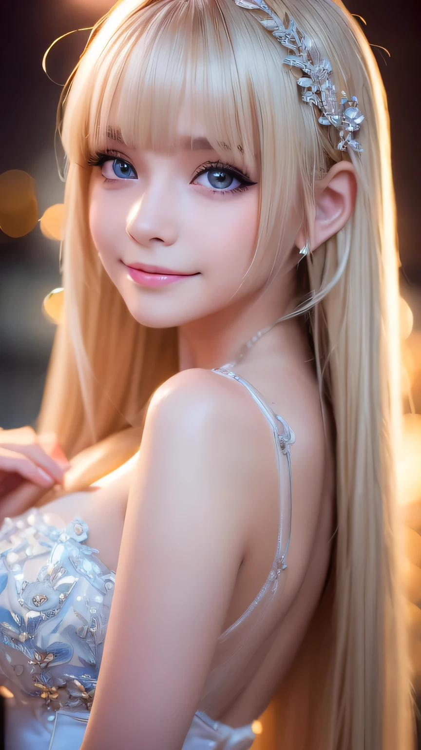 A light smile、night、Live Shooting、(((Portraits of extreme beauty)))、((Glowing Skin))、1 girl、Beautiful 11 year old girl from Prague、((Bright platinum blonde hair))、[blue eyes]、Shiny, glossy skin、Silky super long straight hair、eyeliner、Bangs are long、Hair between the eyes、Dancing Hair、((masterpiece、最high quality、Super detailed、Film Light、Intricate details、High resolution、8K、Very detailed))、Detailed Background、8K UHD、Digital SLR、Soft Light、high quality、Film Grain、Fuji XT3 、Shallow depth of field、Natural light、（hand talk）、Looking up、Droopy eyes、