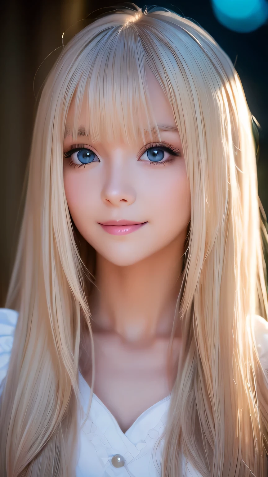 A light smile、night、Live Shooting、(((Portraits of extreme beauty)))、((Glowing Skin))、1 girl、Beautiful 11 year old girl from Prague、((Bright platinum blonde hair))、[blue eyes]、Shiny, glossy skin、Silky super long straight hair、eyeliner、Bangs are long、Hair between the eyes、Dancing Hair、((masterpiece、最high quality、Super detailed、Film Light、Intricate details、High resolution、8K、Very detailed))、Detailed Background、8K UHD、Digital SLR、Soft Light、high quality、Film Grain、Fuji XT3 、Shallow depth of field、Natural light、（hand talk）、Looking up、Droopy eyes、