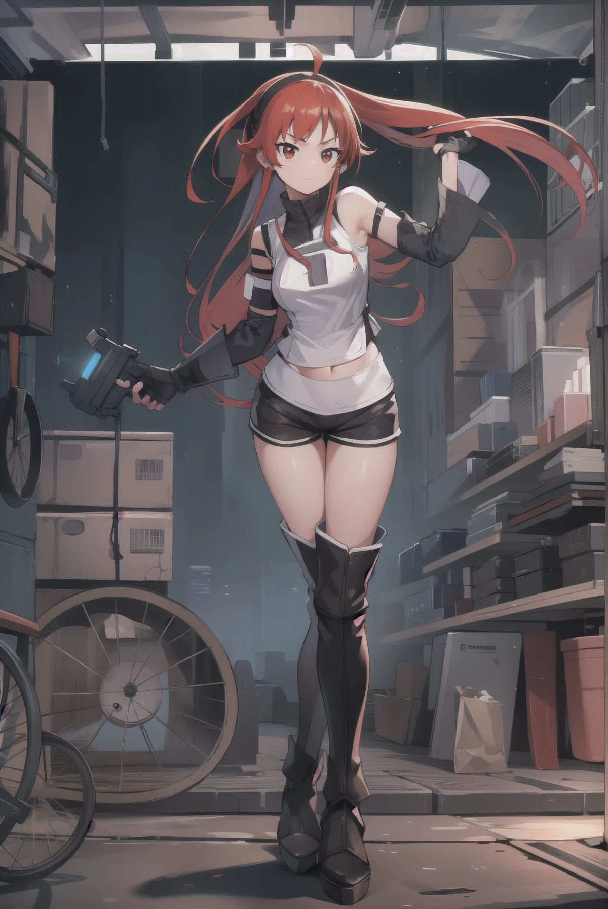 erisgreyrat, eris greyrat, ahoge, hair between eyes, long hair, (red eyes:1.5), red hair, sidelocks, (large breast:1.2),
BREAK bare arms, bare shoulders, belt, black footwear, black gloves, black shorts, black thighhighs, boots, crop top, fingerless gloves, gloves, midriff, navel, shirt, short shorts, shorts, sleeveless, sleeveless shirt, stomach, thigh boots, thighhighs, white shirt, wing collar
BREAK looking at viewer,
BREAK outdoors, city,
BREAK (masterpiece:1.2), best quality, high resolution, unity 8k wallpaper, (illustration:0.8), (beautiful detailed eyes:1.6), extremely detailed face, perfect lighting, extremely detailed CG, (perfect hands, perfect anatomy),