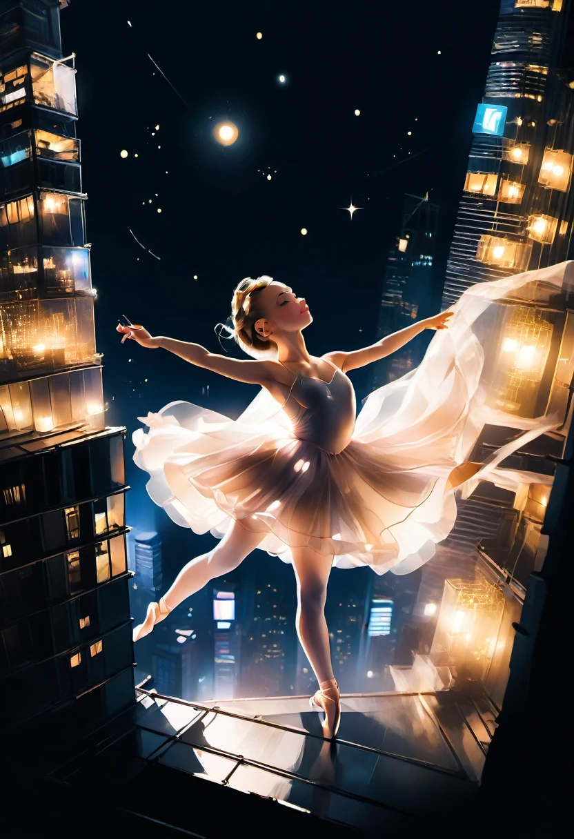 #quality(8k,wallpaper of extremely detailed CG unit, ​masterpiece,hight resolution,top-quality,top-quality real texture skin,hyper realisitic,increase the resolution,RAW photos,best qualtiy,highly detailed,the wallpaper,cinematic,golden ratio), BREAK ,solo,(a girl is dancing a ballet at the very edge of the rooftop of the skyscraper),solo,#1girl(chibi,cute,kawaii,teenage girl,blonde hair,ballet bun hair,hair floating,hair messy,white tutu dress,ballet shoes,ballet dancer,breast,full body, from above),#background(dark,at midnight,beautiful city lights,from above),long shot,wide shot,(from above:2.0),vivid color,aerial view