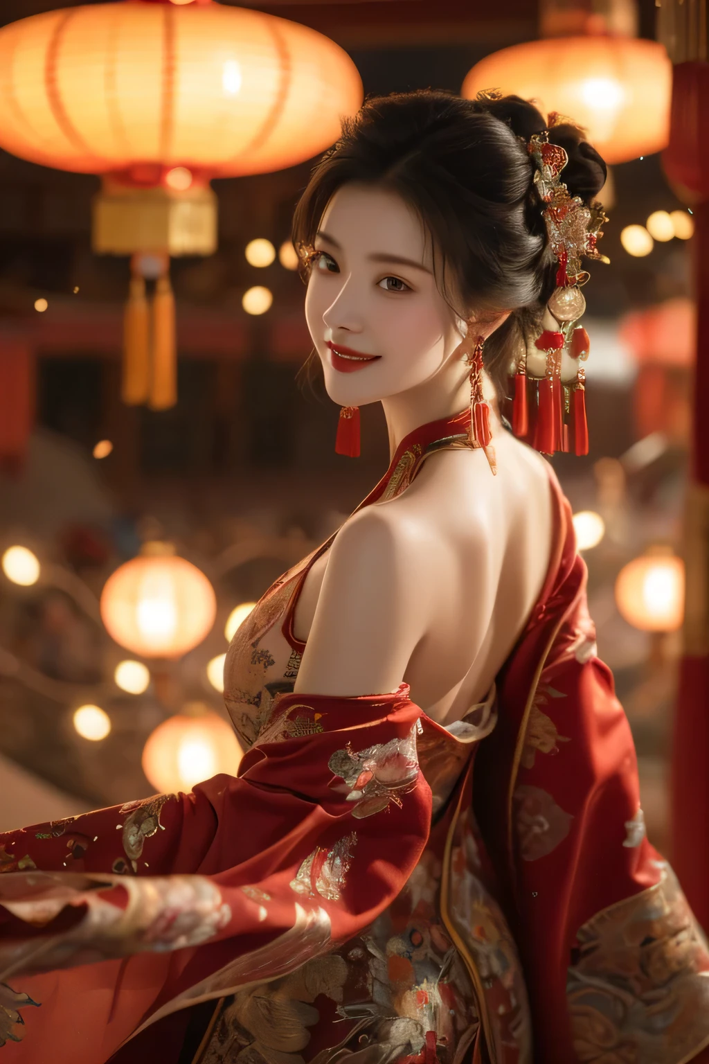 best quality, masterpiece, illustration, Practical, photo-Practical, Astonishing, Fine details, Ridiculous, Huge file size, Super detailed, high resolution, Extremely detailed CG unified 8k wallpaper, National Foundation, Red elegance, A young ancient Chinese beauty dancing in the palace. Her hair, Decorated with traditional ornaments, Flowing down her back like a silken waterfall. When she turned her head，Delicate earrings sparkle like captured fireflies, A mischievous smile appeared on her rosy cheeks. Red Hanfu, Hinting at the beauty of the curves below. from this angle, The audience follows her charming figure, A sensual dance obsessed with fabric and form.