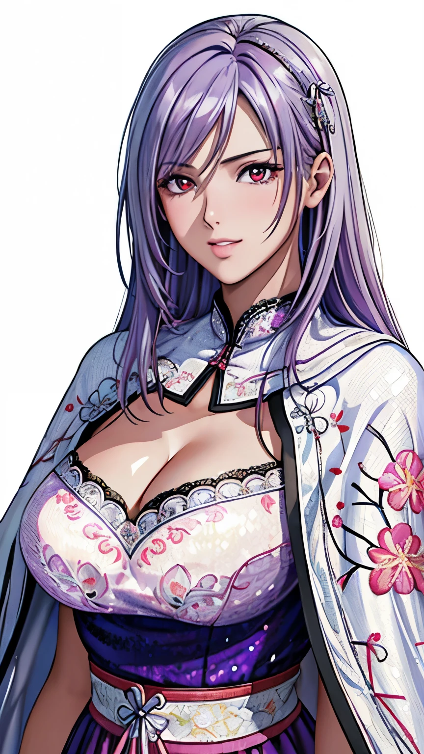 red eyes, (highest quality, masterpiece painting:1.3), immature woman, 16 years old, (half body shot), masterpiece, ultra high resolution, (Photoreal:1.0), ((light purple hair)),straight hair, beautiful shining hair, white and shining skin, ((Ultra realistic details)), octane rendering, highly detailed face, (big breasts:0.8), (make a heart with hands), (((Wearing Fluorescent fabric:harem outfit,Suzhou embroidery technique:Lace sequin cloak woven from feathers))), Fabric Glows,  open neckline, cleavage, perfect body, soft skin, White cherry blossom embroidery pattern, silver earrings, (pure white background:1.4), sharp focus, intricate details, professional artwork, (bright colors:1.1), bright colors, diffused lighting, digital blending, ultra-definition body, ultra detail hair, super detailed face, that&#39;It&#39;s trending on pixiv, top button open, Cute gaze, compensate, perfect lips, perfect compensate, Ultra-precision coating, (light_smile:0.8), (Very embarrassed:1.2), (smugness:1.2),blush your nose,