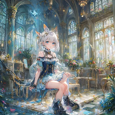 1girl、vtuber-fullbody、star fairy、masterpiece、official art、super detailed、super beautiful、white straight short hair、baby face、kne...