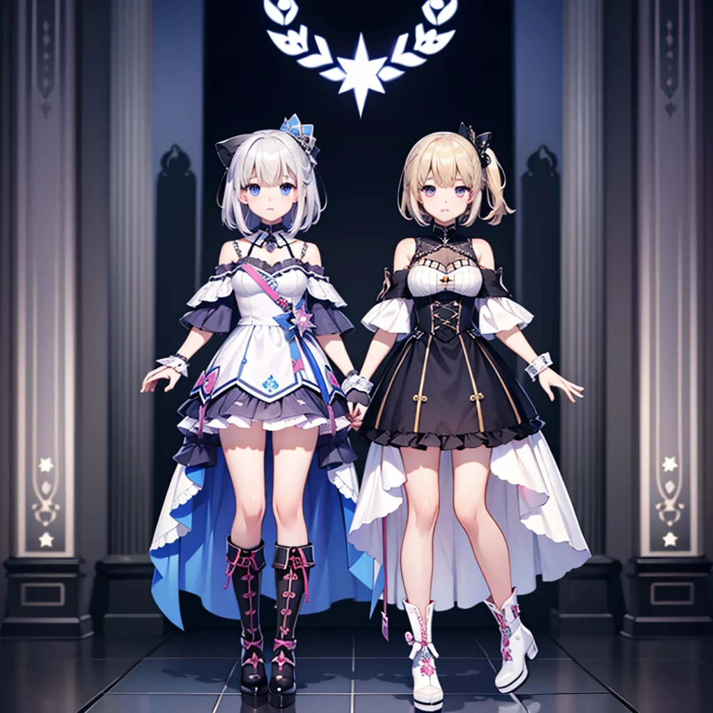 1girl、vtuber-fullbody、Star Fairy、Masterpiece、Official Art、Super detailed、super beautiful、white straight short hair、Baby Face、Knee-high boots、Houndstooth pattern、Off-the-shoulder A-line dress、Edge piping、