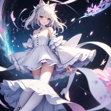 1girl、vtuber-fullbody、Star Fairy、Masterpiece、Official Art、Super detailed、super beautiful、white straight short hair、Baby Face、Kne...